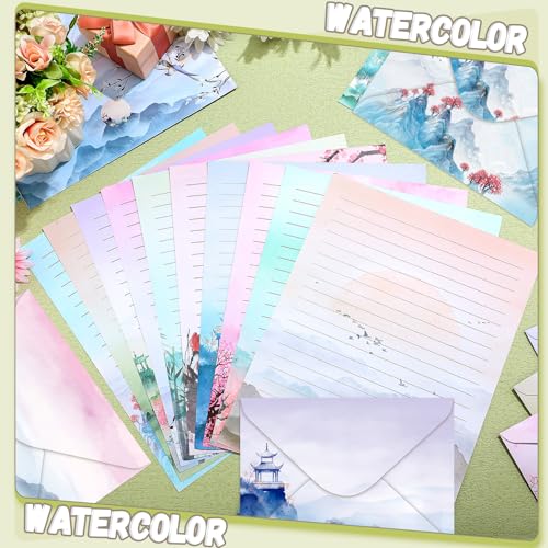 Image of TaoBary 160 Pcs Ink Painting Stationery Paper and Envelopes Set 50 Double Sided Lined Stationery Paper with 50 Matching Envelopes and 60 Round Dot Sticker 8.5 x 11'' Letter Writing Kit, 10design
