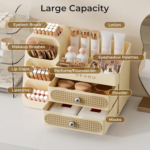 Image of UFORU Makeup Organizer for Vanity with Brush Holder, Large Capacity Bathroom Countertop Skincare Organizer with 2 Drawers, Cosmetic Display Case for Perfumes, Eyeshadow Palettes, Nail Polishes