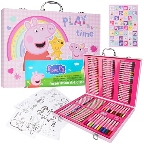 Peppa Pig Maletin Pinturas para Niños con Más de 130 Piezas, Set de Pintura, Lápices, Ceras, Rotuladores, Pegatinas y Hojas para Colorear, Regalo Niña