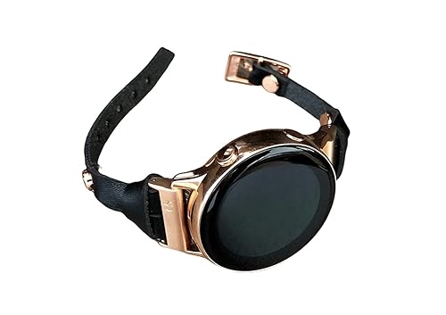 Black Leather & Rose Gold Jewelry Bracelet for Samsung Galaxy Watch Active 40mm Genuine Thin Adjustable Size Strap Smartwatch Band Women Accessory
