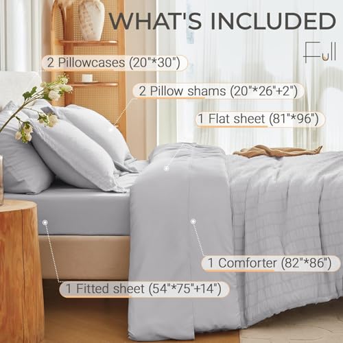 Image of MUXHOMO 7 Pieces Full Comforter Set, Seersucker Bed in a Bag Full Size, All Season Luxury Bedding Set with Comforter, Flat Sheet, Fitted Sheet, Pillowcases & Shams, Light Grey