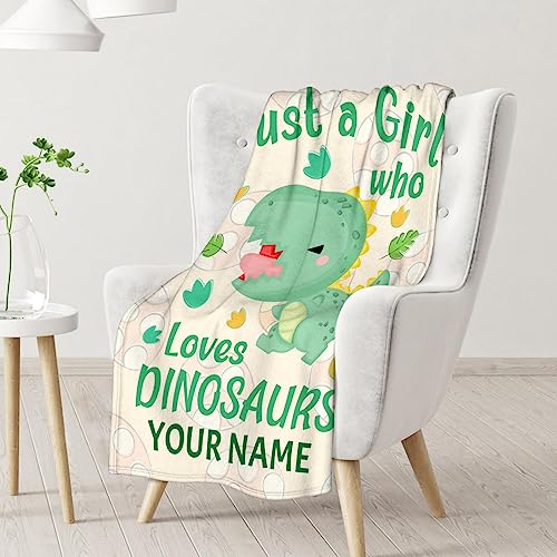 Personalized Dinosaur Blanket Gifts with Name - 30"x40" Cute Throw for Girls - Green Soft Fuzzy Blankets for Couch & Office