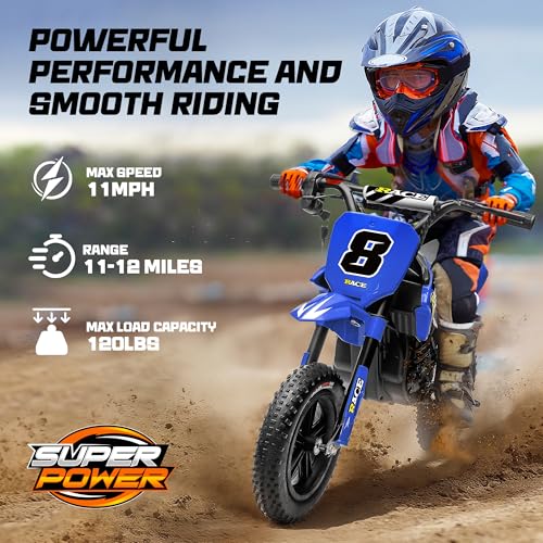 Image of 24V Kids Electric Dirt Bike - 250W Electric Motorcycle, 11 Mph Max Speed Electric Motorcycle Mini Bike with Music, 10 Miles Range, Twist Grip Throttle, Metal Suspension, Rubber Tire (Blue, with Cover)