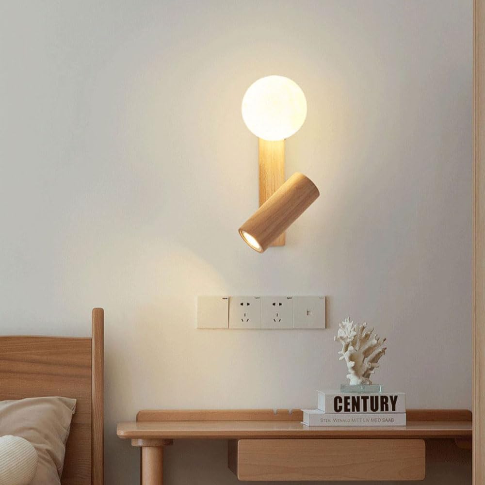 Aplique de Pared nórdico de Madera con Globo, Soporte Ajustable, luz de Lectura, Apliques de mesilla de Noche, luminaria Moderna de Madera para Dormitorio y Sala de Estar.