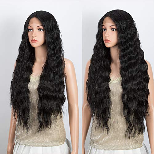 DÉBUT Lace Front Perücke 75 cm Wasserwelle Super lange Perücke 5% Brasilianisches Reines Echthaar und 95% Hitzebeständige Synthetische Mischung Perücke 240g 12 cm Spitzenscheitel (75 cm,Naturschwarz) – Bild 4