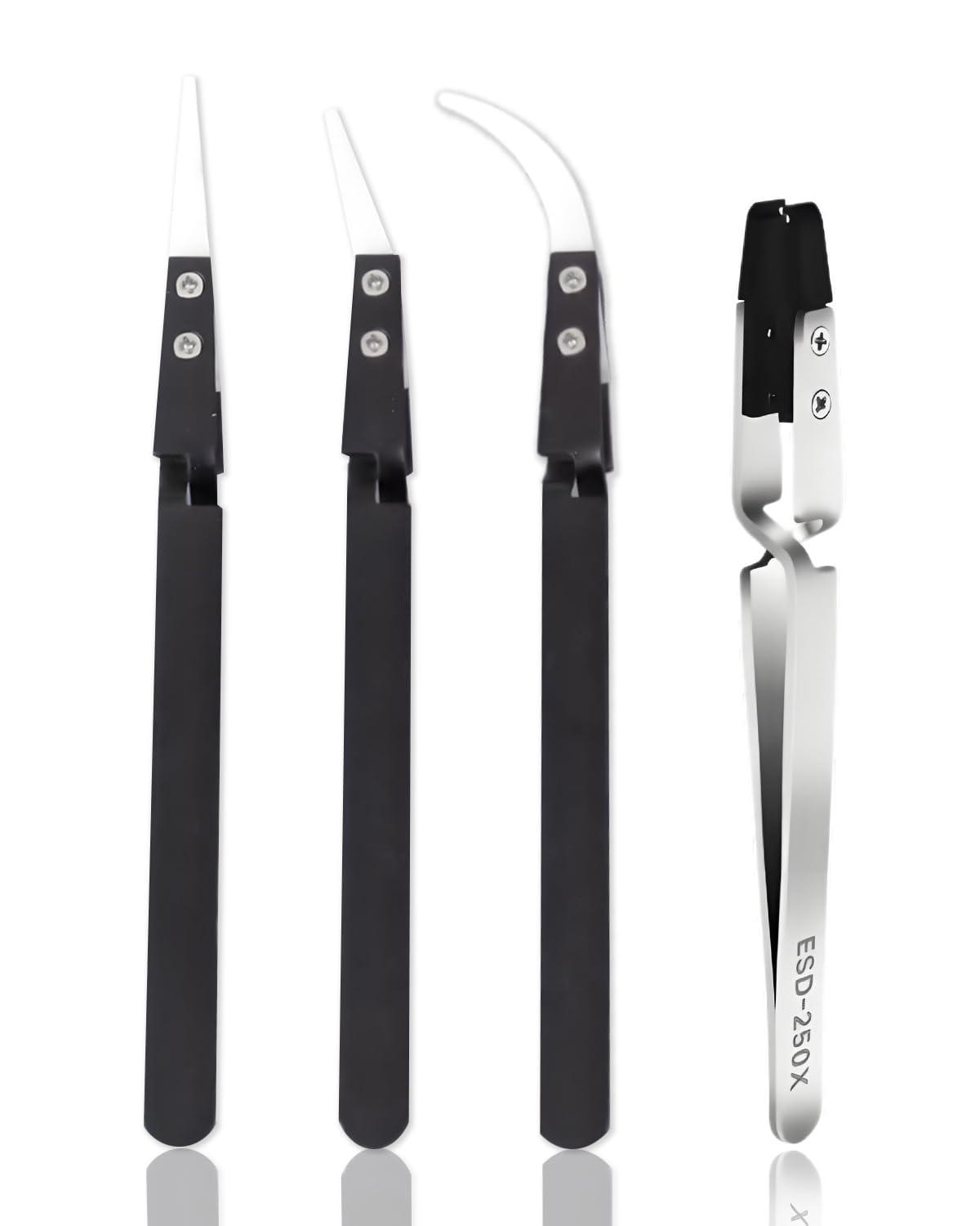 4 pezzi Pinzette di precisione per elettronica in acciaio inox con punte in plastica antistatiche intercambiabili, set professionale pinzette ESD per laboratorio, gioielli, modellismo（02）