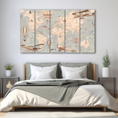 Image of The Castle Decor World Map Painting With Frame 5 Big Size Multiple Frames Wall Art Painting for Living Room,bedroom,drawing Room,hotels-wooden Framed-digital Painting (27x48 inch, Multicolor)