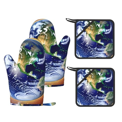 4PCS Silicone Cosmic Earth Print Oven Mitts Potholders Set, 500°F Heat Resistant Cooking Gloves, Kitchen Hot Pads with Pockets for Baking BBQ