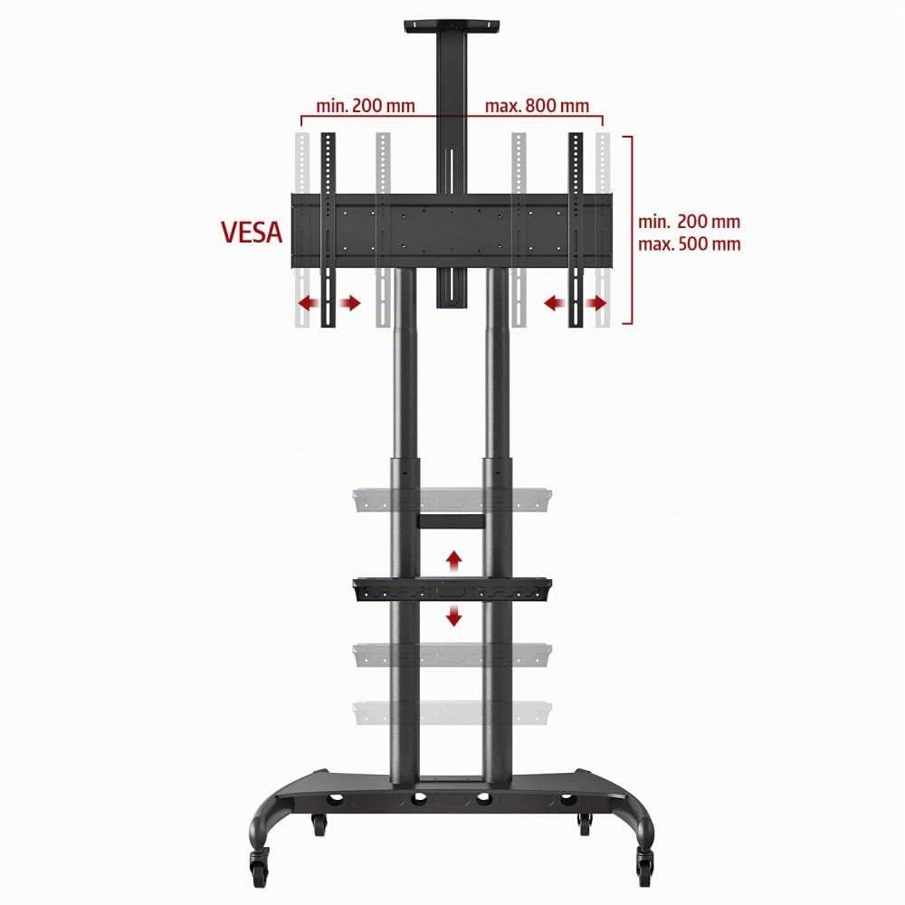 Ergosolid Pied Pivotant et Réglable en Hauteur de 55 à 80 Pouces Chariot TV Meuble Télé Support avec Roulette VESA Max de 800 x 500 mm Capacité Max de 90,9 kg, Noir