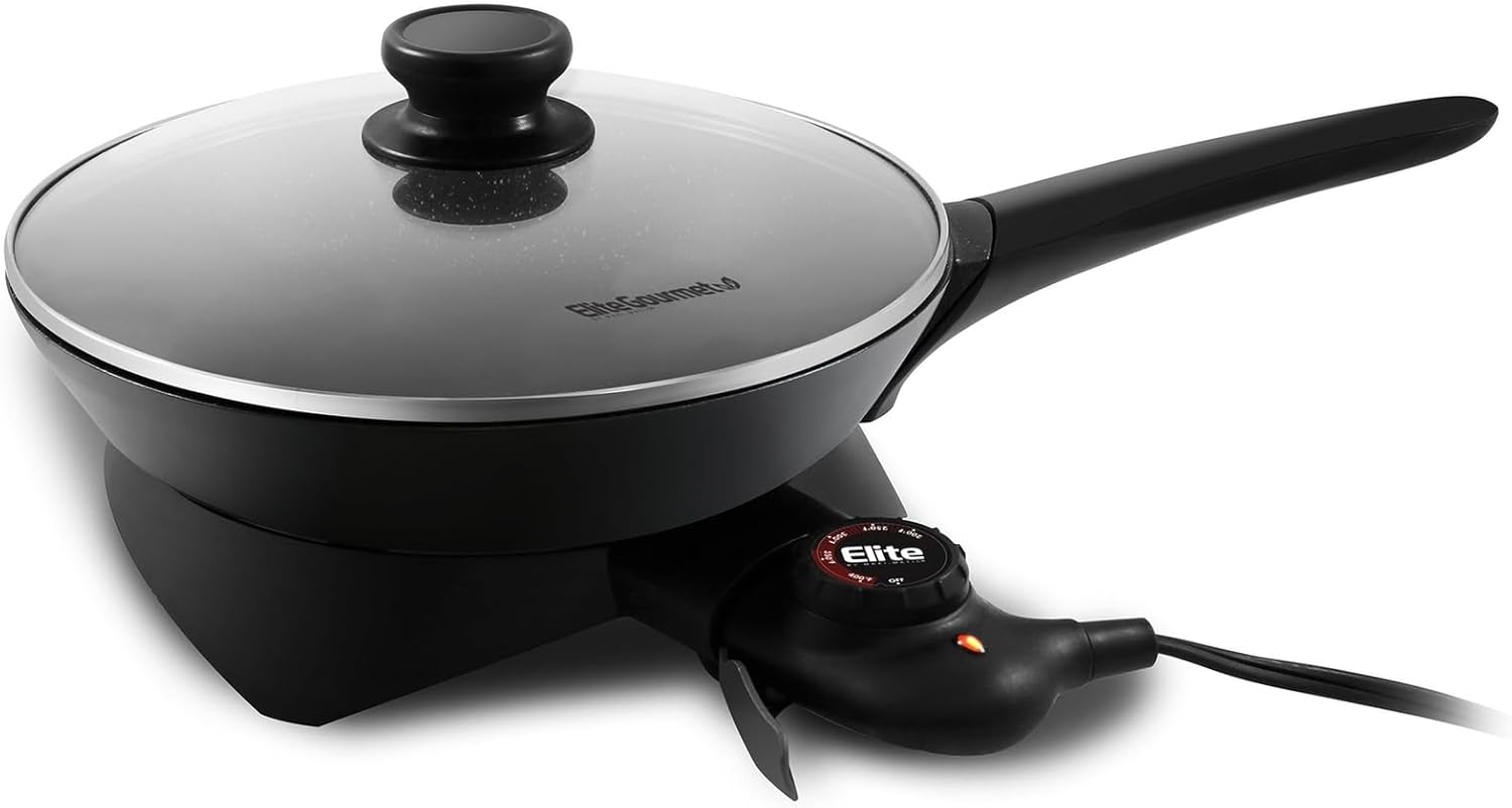 Elite Gourmet Sartén eléctrica redonda con tapa y mango Aluminio, plástico, vidrio, acero negro