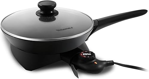 Elite Gourmet Sartén eléctrica redonda con tapa y mango Aluminio, plástico, vidrio, acero negro