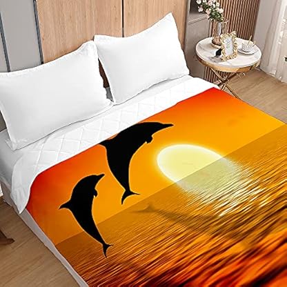 Surwin Tagesdecke Bettüberwurf Steppdecke für Doppelbett Einzelbett, Mikrofaser Wattiert Gesteppt Bettdecke 3D Delphin Tierdruck Dünne Tagesdecken mit Ultraschall Prägung (Sonnenaufgang,200x230cm) – Bild 4