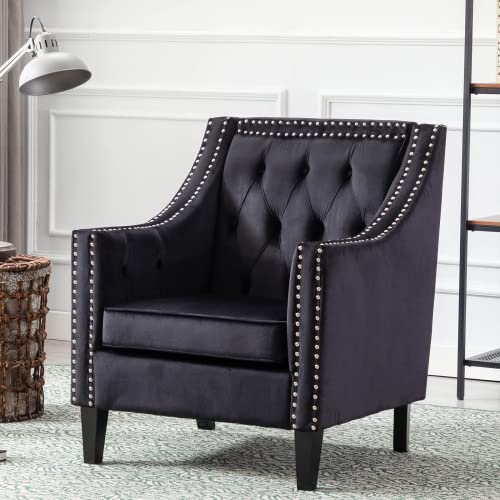 Hny Set Of 2 Modern Velvet Club Chair, Button Tufted Wingback Armchair With Nailhead Trim And Wood Legs, Upholstered Single Sofa Accent Chairs For Living Room Bedroom, Black #TOP2