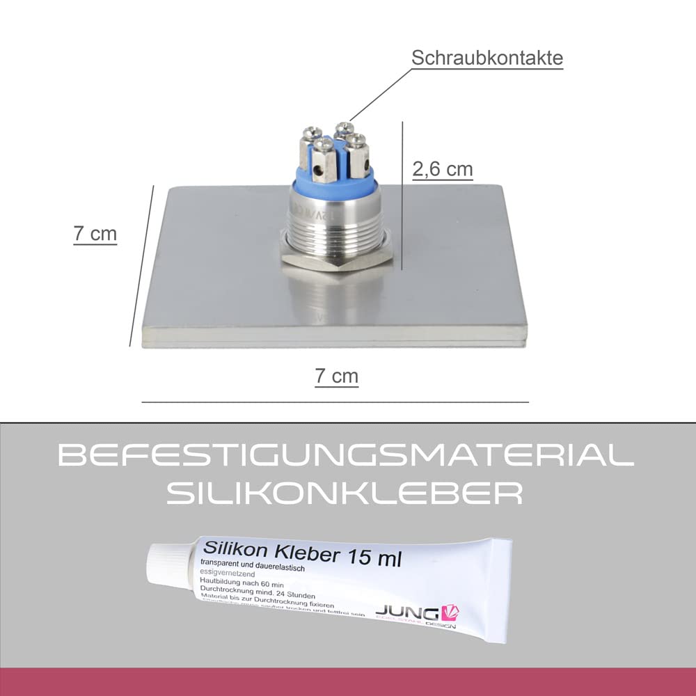 Jung Edelstahl Design - Edelstahl Türklingel Rio Aufputz oder Unterputz - 7 X 7 cm mit LED Drucktaster - Klingel aus V2A Edelstahl geschliffen - Haustürklingel ohne Gravur (ohne LED)