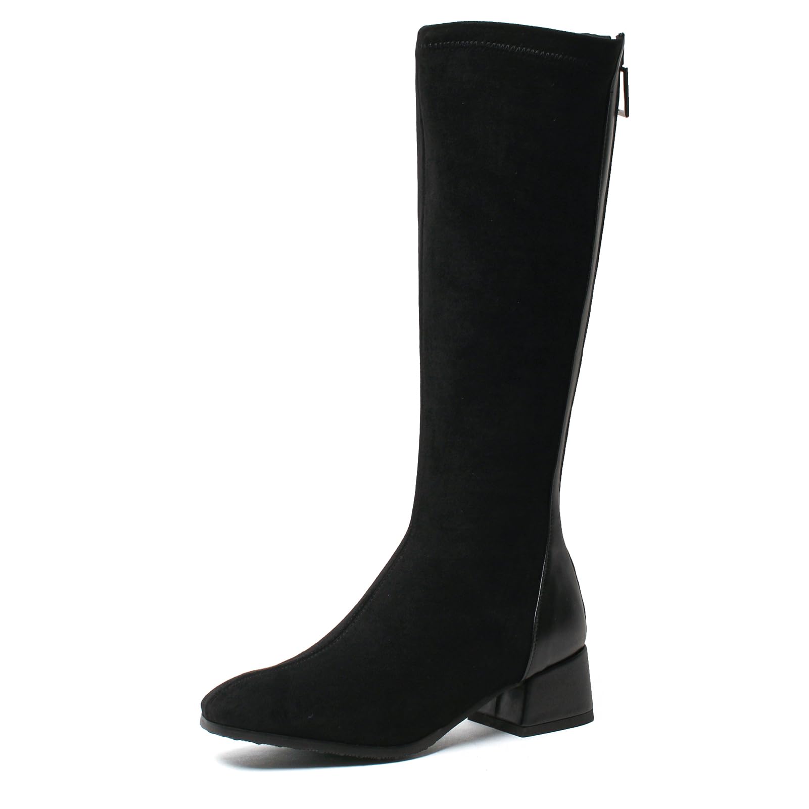 CouieCuies Knee High Boots for Women Low Heel Round Toe Party Dress Comfortable Boots Black Back Zipper