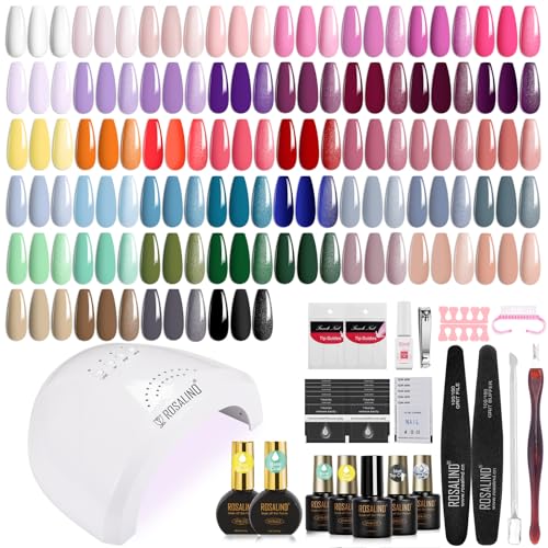 ROSALIND Kit Vernis Semi Permanent Complet, 44+4 PCS Vernis Gel UV Semi Permanent Avec 48W UV/LED Lampe , Kit Ongle Gel UV Complet Cadeau Rose Vert Rouge Bleu...