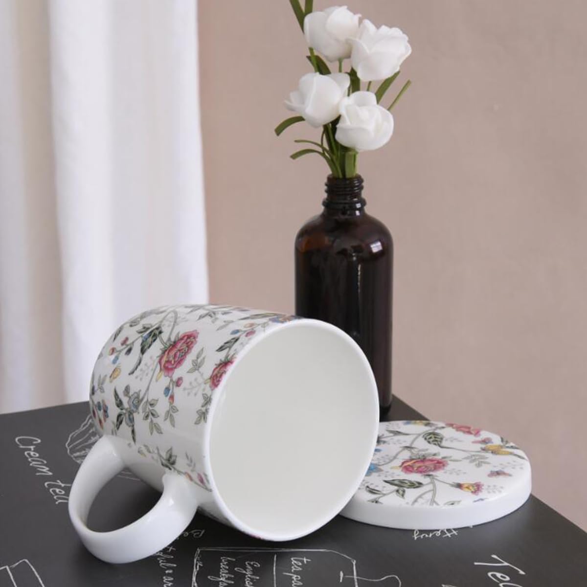 Sizikato Porcelain Mug with Lid, 10oz Bone China Milk Mug Coffee Mug, Colorful Floral Pattern - Image 6