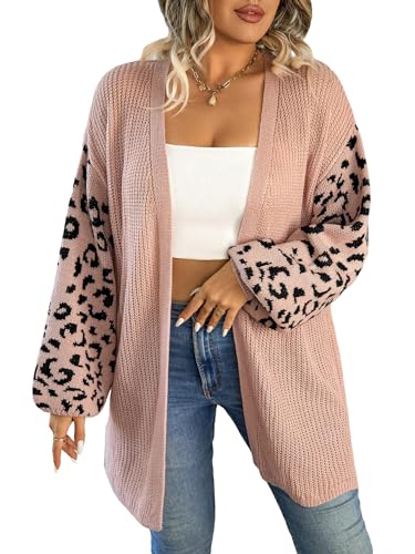 SHENHE Women's Plus Size Leopard Open Front Drop Shoulder Split Hem Cardigan