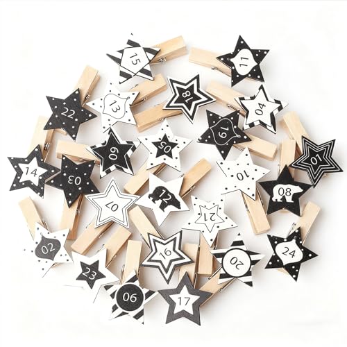 DAHI 1-24 Wood Number Clothespins Christmas Advent Calendar 48pcs Advent Calendar Numbers Wood Clothespins Stars for DIY Craft Gift Tags Christmas Decorations Hanging Photos(Stars)