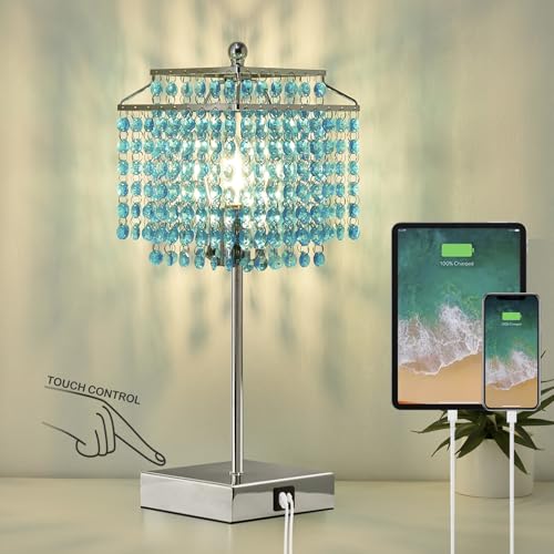 Image of Luvkczc Crystal Table Lamp with Touch Control, Bedside Crystal Table Lamp | with USB C+A Ports, Dimmable Lamp for Girls Bedroom, Living Room, Light Blue & B11 LED Bulb Included