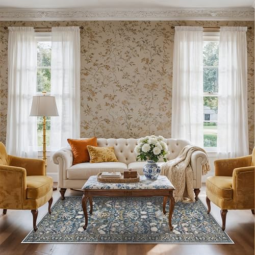 3x6 Washable Entryway Area Rugs: Vintage Easy to Clean Kitchen Rug Runner Soft Non Slip Floor Mat Indoor Farmhouse Carpet for Bathroom Living Room Bedroom Printed Hallway Runners(3x6 Floral/Blue)