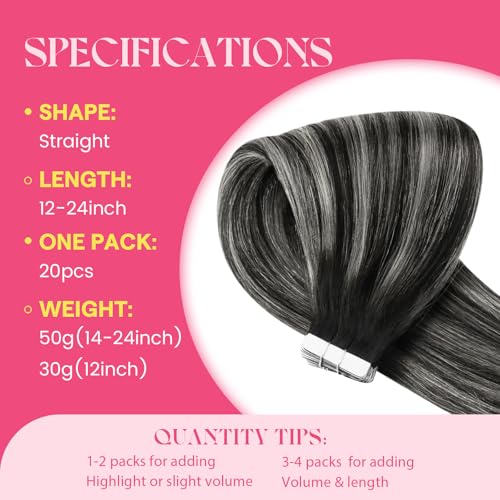 Image of Ve Sunny Hair Tape in Hair Extensions Human Hair | Natural Black Ombre Sliver Grey,20Inch 50g 20Pcs,Adhesive Skin Weft,for Daily Use