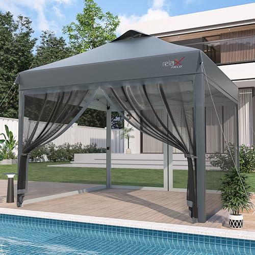 RELAX FIELD 10x10 Pop Up Canopy Tent with Mosquito Netting, Outdoor Portable Screen Tent for Yard, Party, Camping and Picnic, 3 Height Positions, Patio Gazebo with Roller Bag and 4 Sandbags