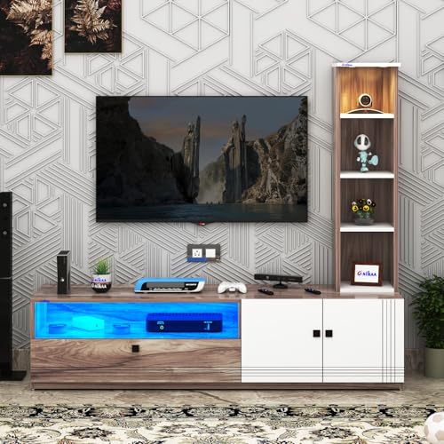 Image of Anikaa Sprax Engineered Wood Floor Standing Modern TV Unit with LED Light for Living Room | 2-Door & Open Box Cabinet with Side Shelf Storage | Ideal for Up To 55 inch | (Coachwood /White) DIY Installation