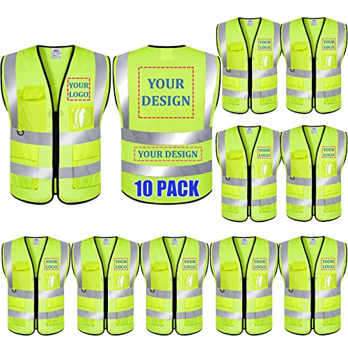 Custom Logo 10 Pack Safety Vest Class 2 High Visibility Vest with Pockets Breathable Construction Vest Yellow Bulk