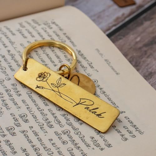 Image of Personalized Engraved Metal Keychains - Custom Name & Initial Key Rings with Floral according to month Design - Unique Gift for Couples, Friends & Loved Ones