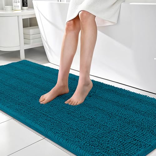 Image of OLANLY Thick Bathroom Runner Rugs 70x24, Absorbent Chenille Striped Bath Rugs, Rubber Backing, Machine Wash, Extra Long Bath Mats for Bathroom, Tub and Shower, Home Decor Accessories, Peacock Blue