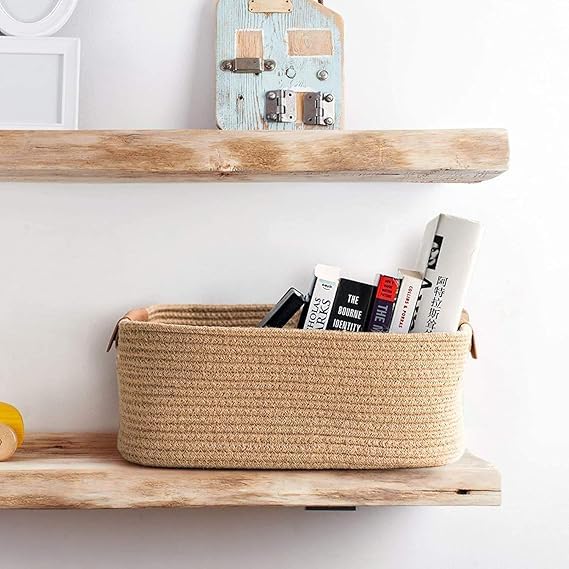 Image of [Pack of 1-12x8x5 inch, Rectangle, Beige] Handwoven Soft Jute Cotton Basket | Eco-Friendly Shelf Baskets, Naturally Reshapes After Filling | Ideal for Storage, Organization & Gift Hampers