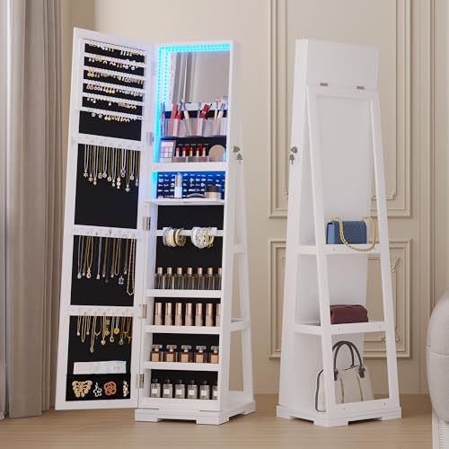jajov 63' Mirror Jewelry Cabinet with Lights, 360° Swivel Frameless Full-Length Mirror Jewelry...