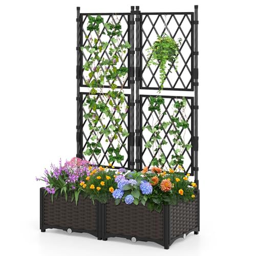 GOPLUS Blumenkasten mit Rankgitter, Hochbeet mit Spalier für Kletterpflanzen & Topfpflanzen, Tiefes Pflanzbeet mit Drainagelöchern für Balkon, Hinterhof & Garten (Schwarz,80 x 40 x 126 cm)