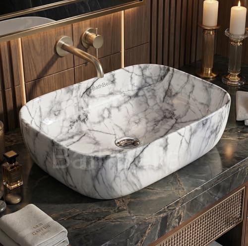 Image of Designer Ceramic Wash Basin For Bathroom | Over Counter Bathroom Basin | Counter Top Bathroom Sink | Wash Basin For Restaurant, Hotel (18 x13 x 5 Inch) (114)