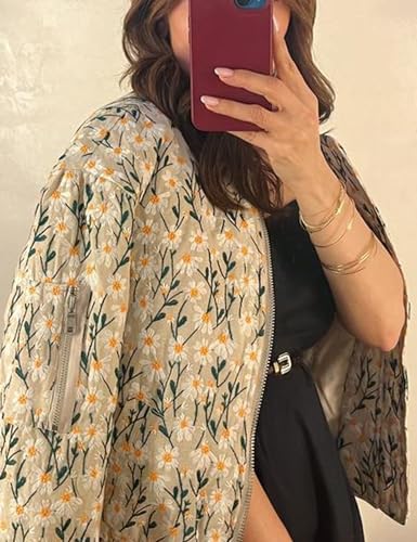 Women’s Floral Bomber Jacket Cropped Zipper Down Long Sleeve Daisy Padded Coat Outwear with Pockets4