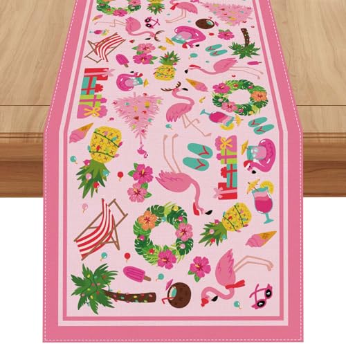 Jiudungs Linen Pink Christmas July Table Runner 72 Inches Long Christmas Tree Flamingo Pineapple Watermenlon Tablecloth Summer Christmas Table Decorations cover