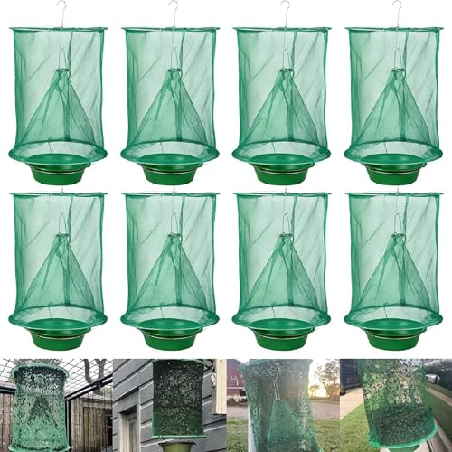 8 Pack Ranch Fly Traps Outdoor Hanging Reusable Stable Fly Hunter Catcher Cage with Food Bait Tray Flies Control Killer Repellent for Barn Orchard Farm Horse Patio