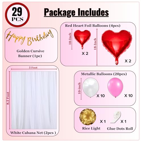 Image of 1iAM Happy Birthday Decoration Item Set Of 29 | 1 pc Cursive Banner, 2pcs White Net, 20 pcs Metallic & 4 Pcs Foil Balloons 1 pc Light, & 1 Pc Glue Dot For Hassel Free Decoration | B'day Decor Combo