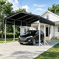 12x20 FT Heavy Duty Metal Carport, Reinforced Outdoor Car Shelter, Grey