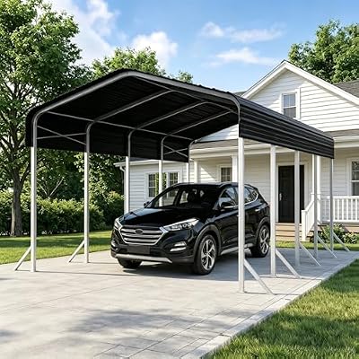 12x20 FT Heavy Duty Metal Carport, Reinforced Outdoor Car Shelter, Grey