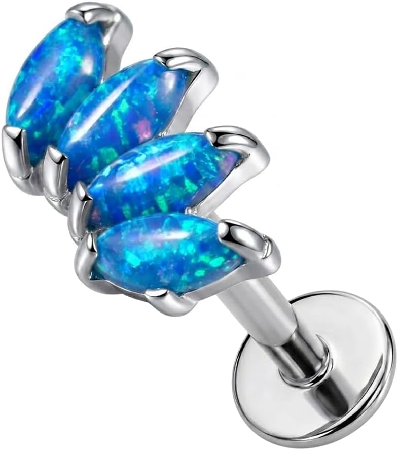 G23 Grade Titanium Four Opal Stone Flower Top Push Fit Lip Labret - Tragus Bar Piercing - Labret Stud Helix - Tragus Piercing Jewelry
