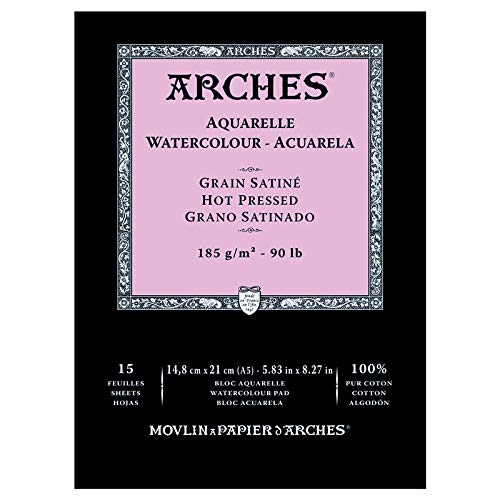 Arches 1 Side Glued Watercolor Block (15 Sheets) - Satin Grain - Natural White 185G/M2 - A5