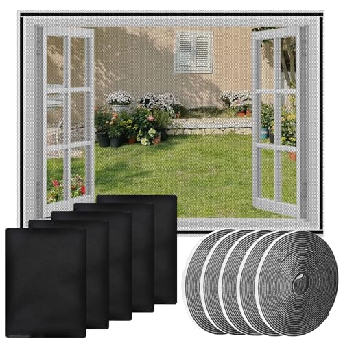5 Piezas Mosquitera Ventana, 130 x 150cm Malla Mosquiteras de Ventanas Adhesiva con 5 Rollos Cintas Autoadhesivas, Mosquitera para Ventanas, Malla Antimosquitos, Se Puede Cortar (Negro)