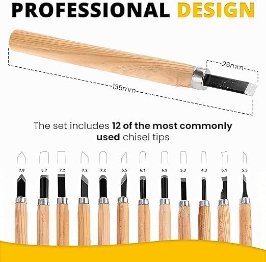 Image of Deziine12Pc Professional Carving Chisel Set, Carbon Steel Wood Carving Tools, Woodworking Chisels Wood Chisel Kits for Carving Woodworking Beginners & Kids