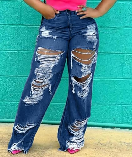 Sexyshine Women's High Waist Straight Leg Ripped Jeans Baggy Loose Distressed Cutout Raw Hem Tassel Long Denim Pants3
