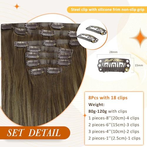 Image of Full Shine Seamless Hair Extensions Clip in, Balayage Brown | Invisible PU Weft, 16 Inch 120g 8 Pcs, Soft Straight, Added Volume, Natural Blend, Easy to Apply, Everyday Styling