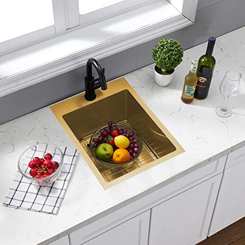 Image of Gold 15 x 20 Inch Drop In Bar Sink, 16 Gauge Stainless Steel Topmount Small Kitchen Single Basin Sink for Wet Prep RV Laundry with Dish Grid & Drain, 15x20 Top Mount