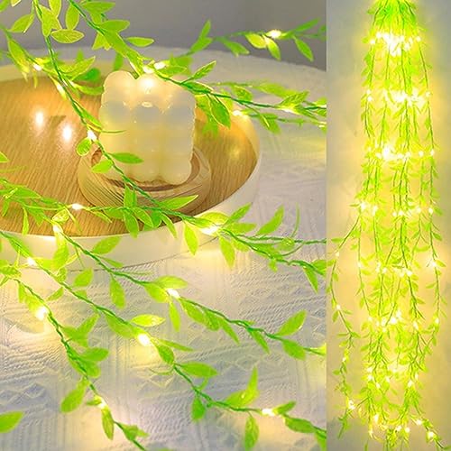 Image of URM Artificial Leaf Curtain LED String Light, 200 LEDs, 8 Modes, Adjustable Brightness, Perfect for Bedroom, Garden, Birthday & Festive Decor (10x3Feet, Green Color) Corded Electric