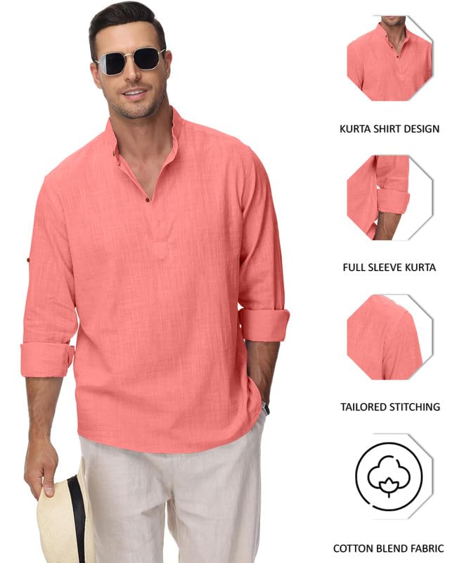 Image of Macsivo Men's Cotton Blend Solid Short Kurta with Regular Lenth Mandarin Collar Short Button Placket Rolled up and Full Sleeves Kurta for Men